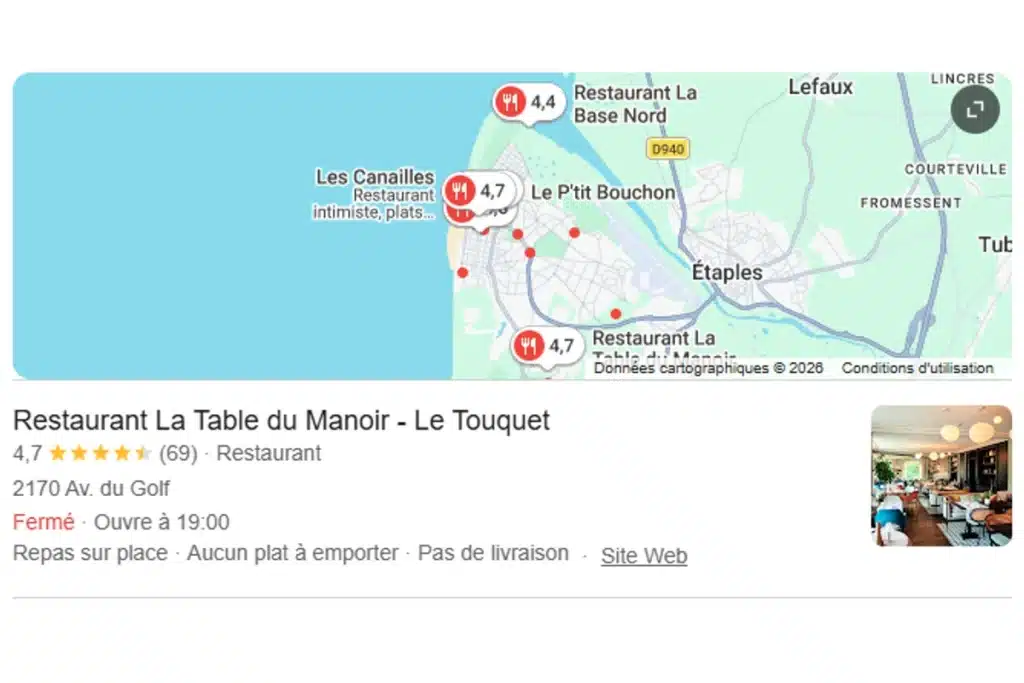 Résultats Google pour restaurant Le Touquet avec carte locale et avis